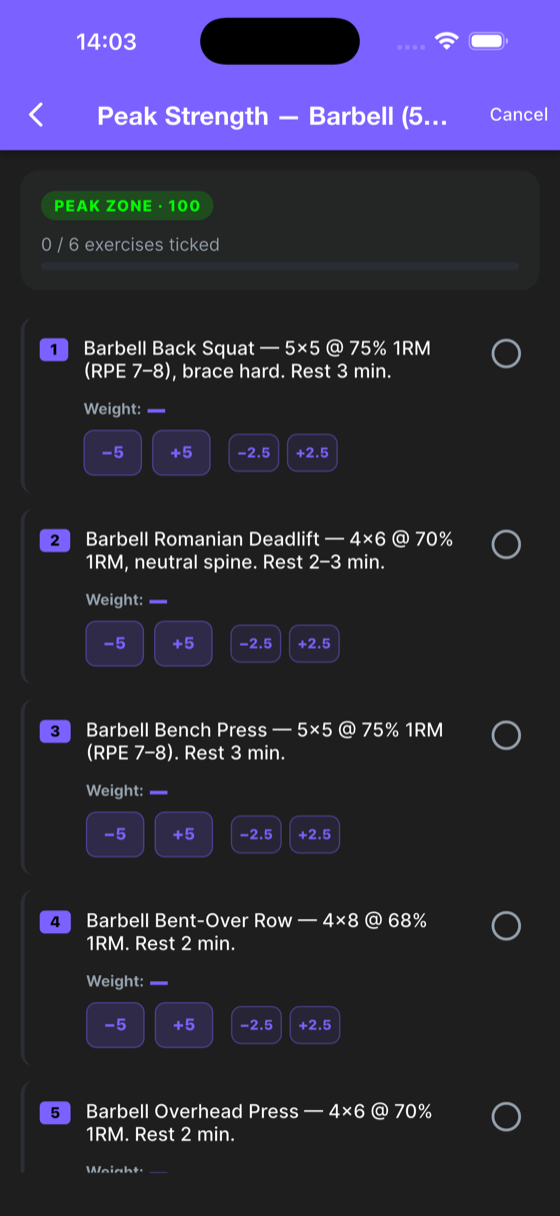 Forta workout session screen